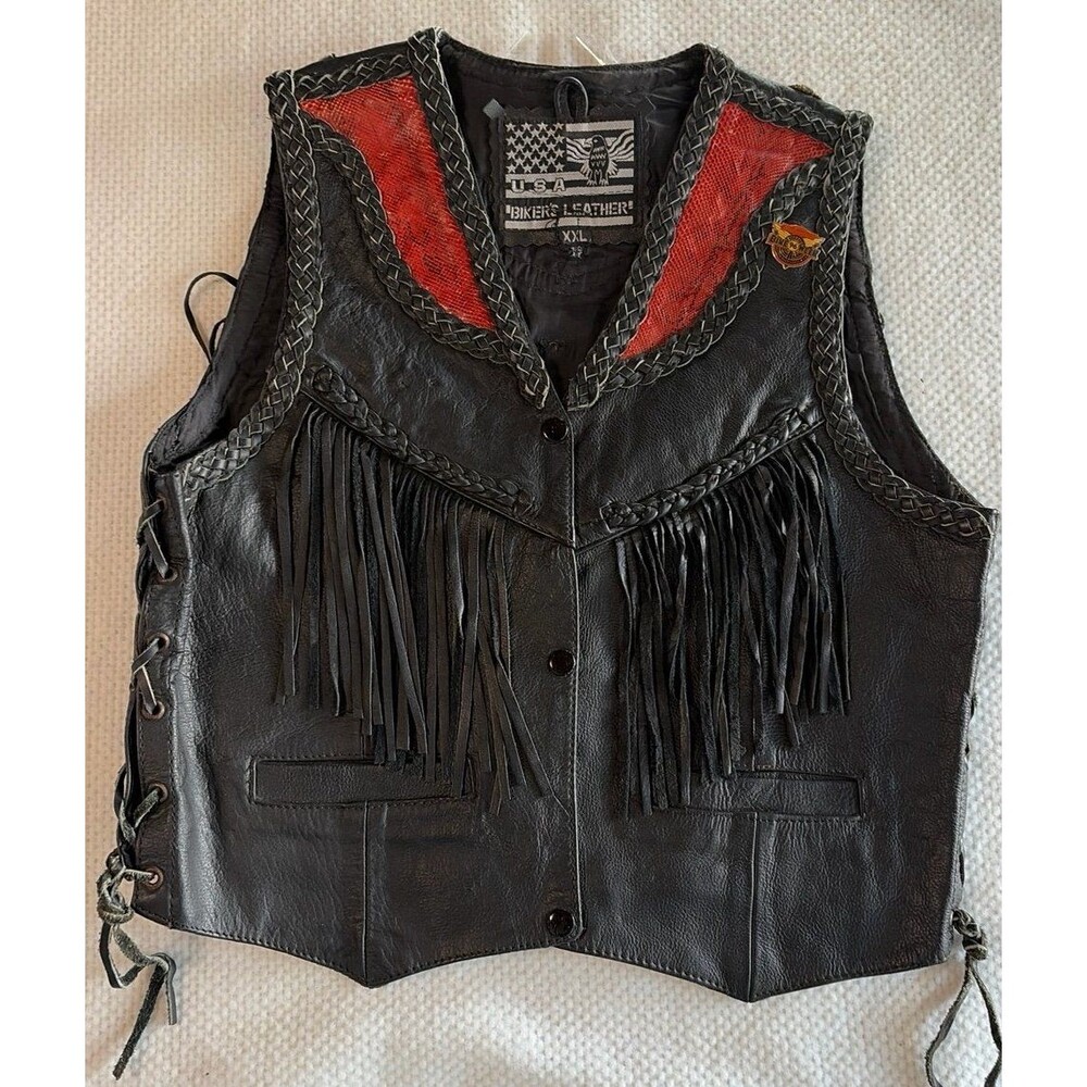 USA Biker Leather Black Leather Motorcycle Vest Fringe & Braided Detail Size xxl